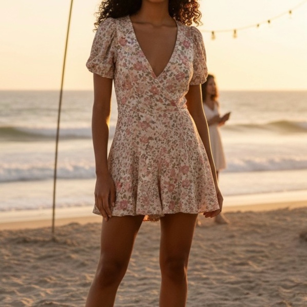 American Eagle Floral Romper Dress Faux Wrap Puff Sleeves Pink Pastel Medium